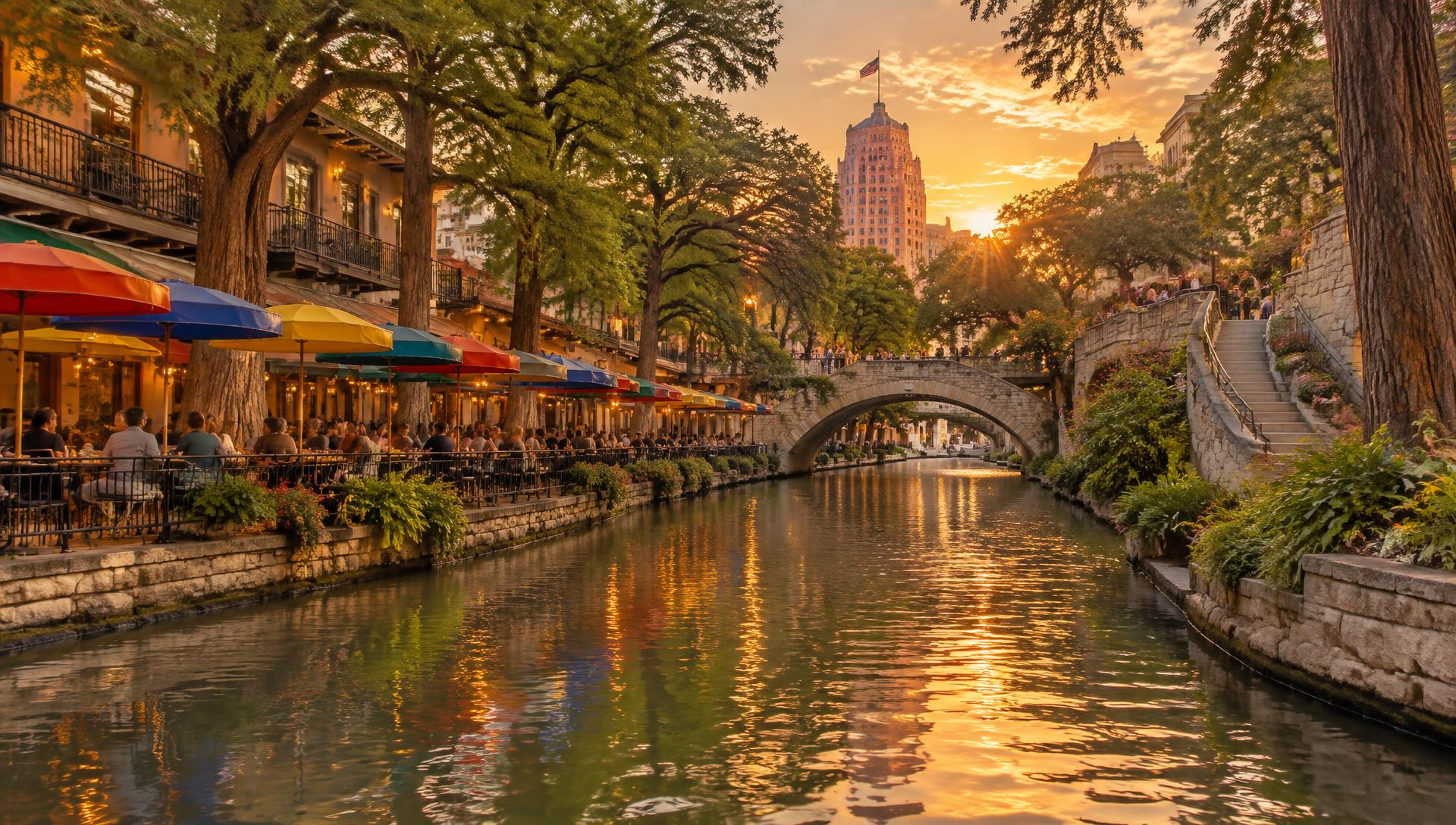The San Antonio River Walk at golden hour